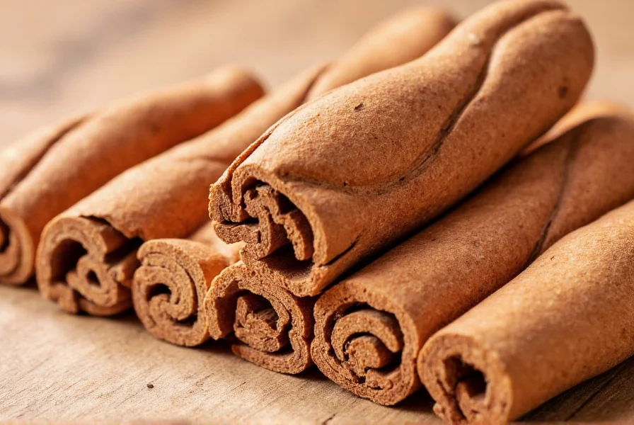 Close-up of Saigon cinnamon quills showing thick, multi-layered bark structure compared to thinner Ceylon cinnamon sticks