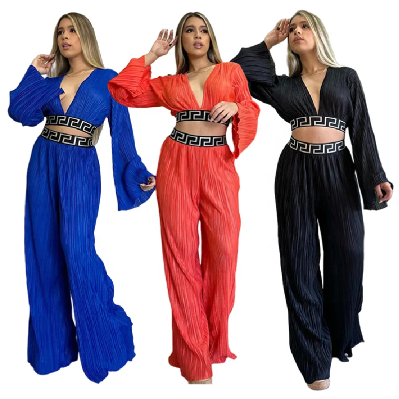 

HK6780 Latest Design Sweet Outfits For Women Pleated V-neck Flare Sleeve Shirt Wide Leg Pants Two Piece Set Women Clothing