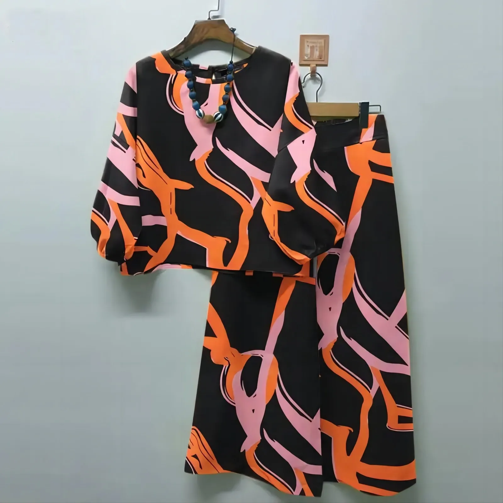 S-5XL Autumn New Flower Print Casual Matching Set Bohemian Shirt Wide Leg Pants 2-piece Set