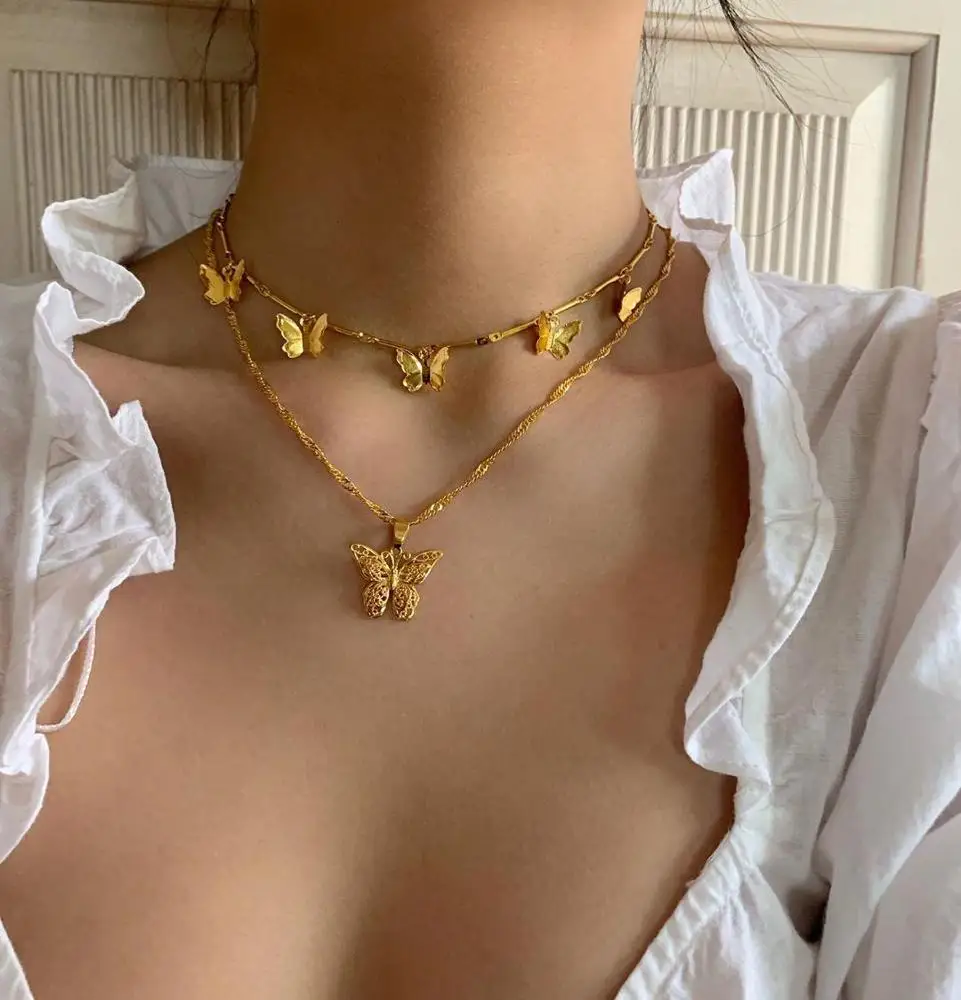 

Vershal Gold Color Butterfly Statement Pendants Necklaces Choker Collar Water Wave Chain Necklaces Women Jewelry, Picture