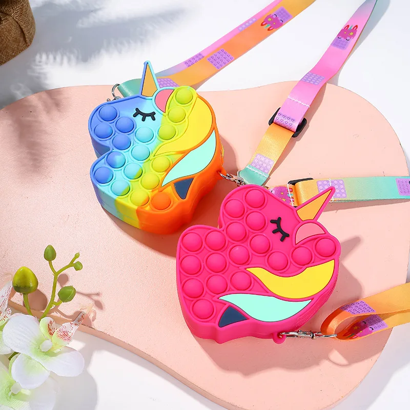 

Wholesale Kids Soft Silicone cute Children Push Bubble Poppet Crossbody Bag Unicorn Fidget Toy Push Pop It Coin Purse For Girls, 4 colors