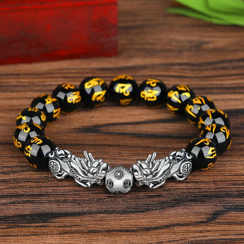 

Black Imitation Obsidian Beads Wristband Jewelry Women Men Gold Brave Troops Pixiu Good Luck Wealth Bracelet, Picture shows