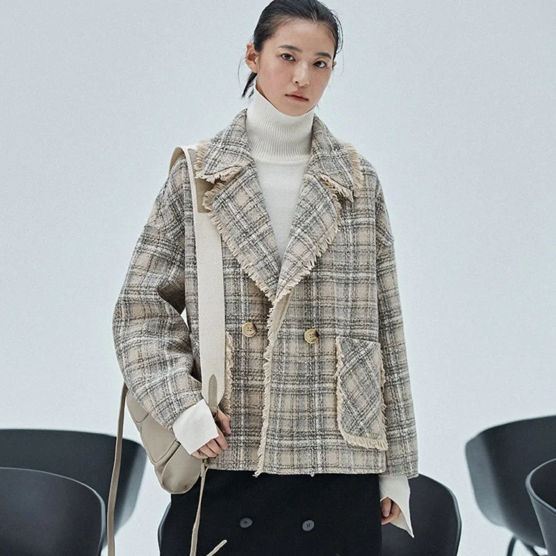 

woman Loose type Korean coat jacquard tweed blazer Suit style Plaid double sided wool nylon coats for women Clothing