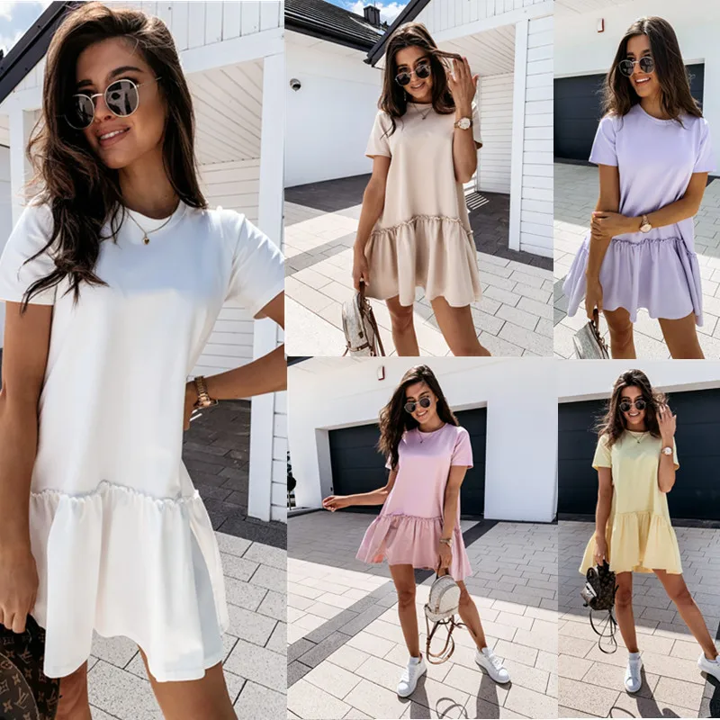 

2021 Hot Selling Summer Solid Color Short-sleeved Loose Round Neck Ruffle Dress Women's Clothing, Different colors and support to customized