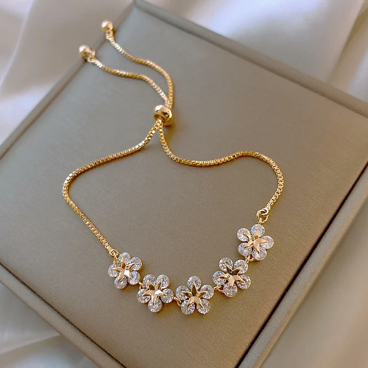 

Fashion Jewelry Luxury Zircon Adjustable Female Prom Party Gold Flower Bracelet, Shown