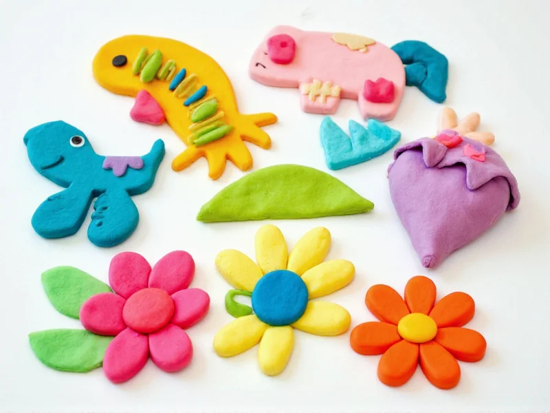 Colorful playdough creations shaped as animals and flowers for kids