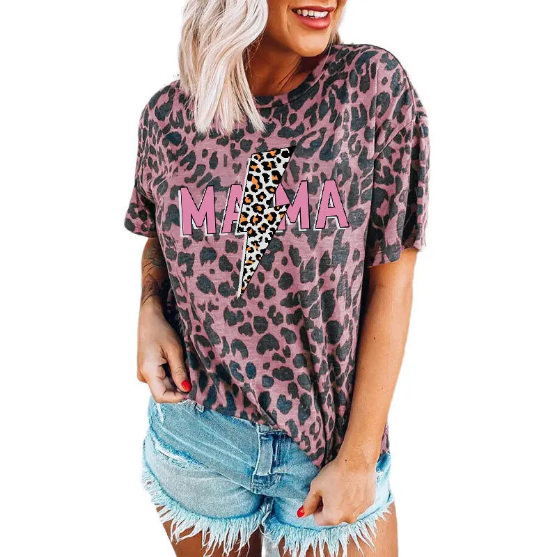 

Women's Leopard MaMa Letter Printing Round Neck Short-Sleeved T-shirt