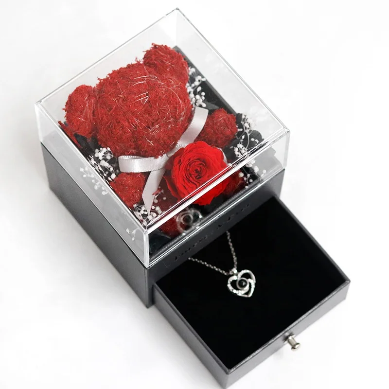 

New product ideas 2024 wholesale valentines day gift artificial flower rose bear in jewelry box for girlfriend
