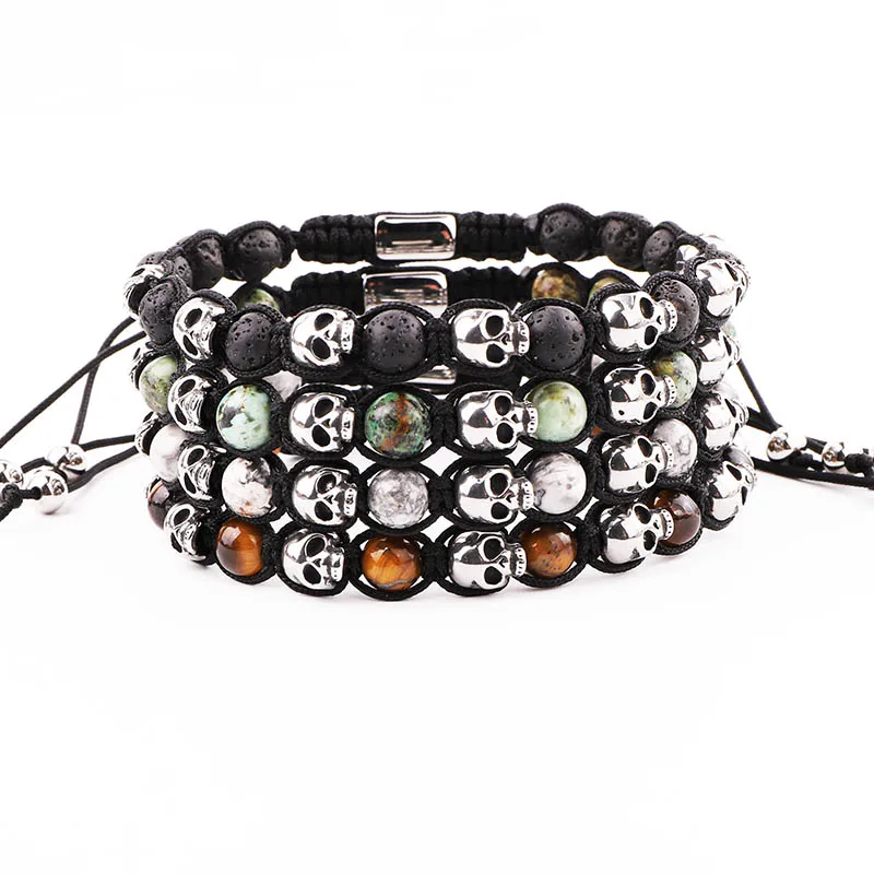 

High Quality 316L Stainless Steel Skull Charms Natural Stone Custom Logo Macrame Adjustable Bracelet Men Women