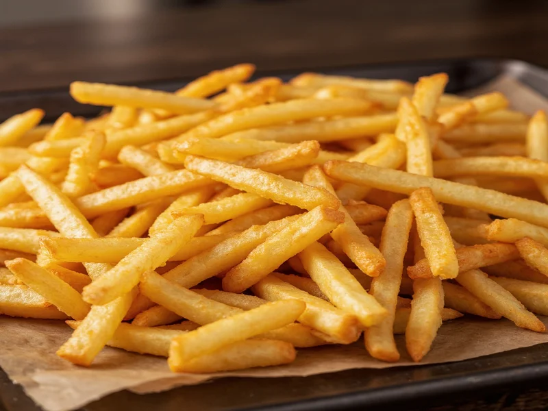 Crispy golden oven-baked french fries on baking sheet