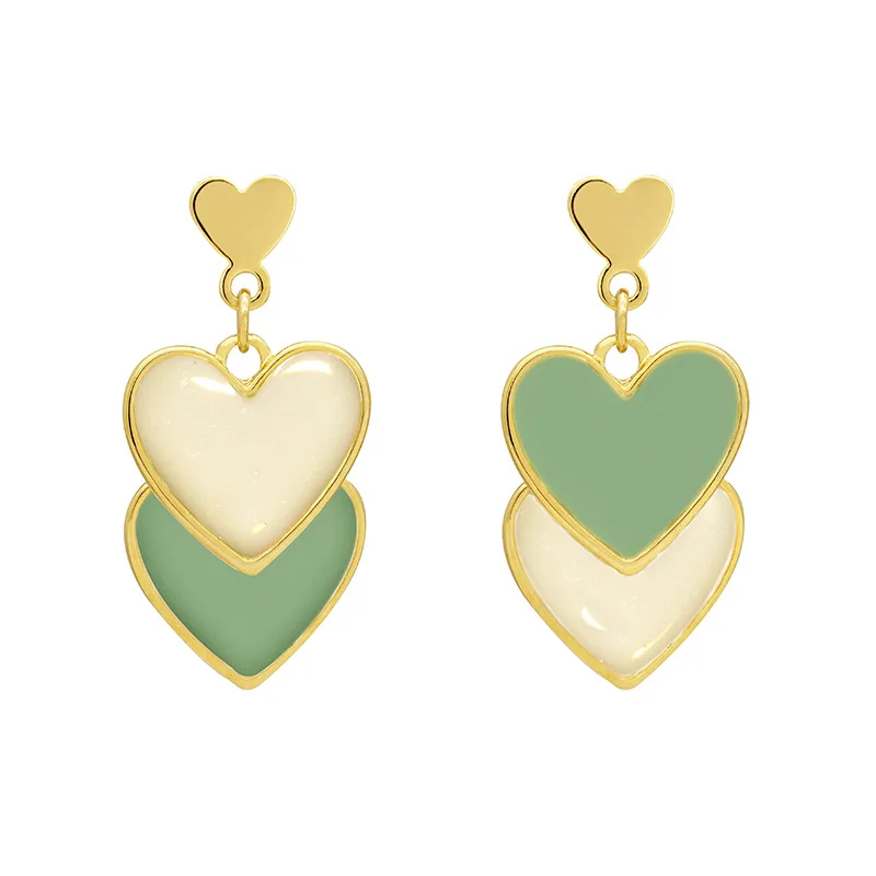 

Fresh Delicate Green Crystal Opal Earrings Double Heart Drop Earring For Women, Green,white and so on