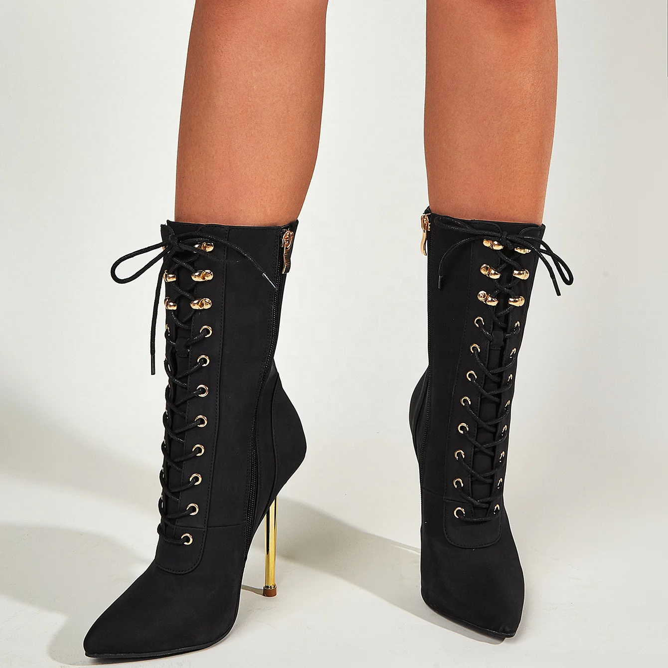 

2020 Autumn Front Lace Up Thin Heel Pointed Toe Half Knee High Women Boots Mid-calf Lady Sexy Side Zip Booties Large Size 43, Black