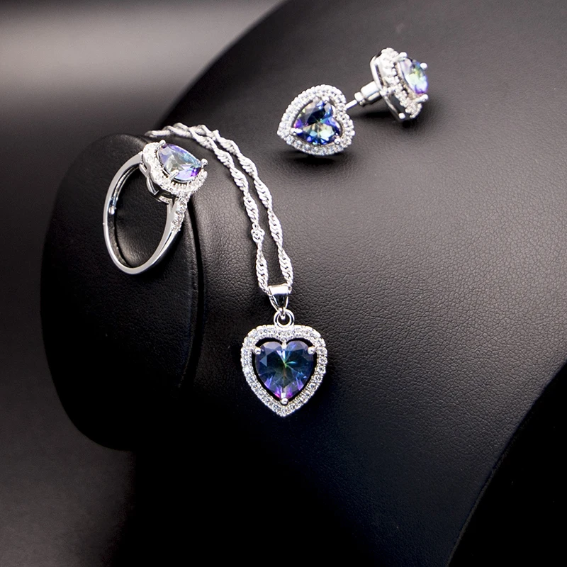 

Fashion Heart Colorful Cubic Zircon Jewelry Sets For Women Wedding Pendant Necklace Ring Earring Set, Picture shows