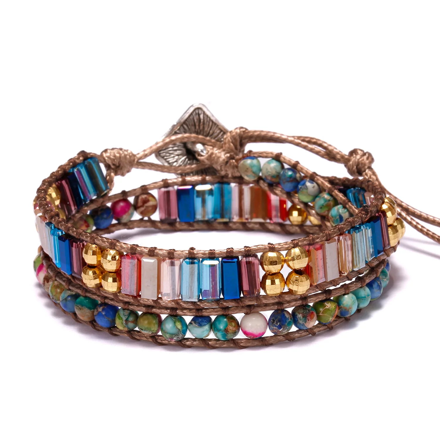 Boho Charm Natural Stone Crystal 5 Strands Wrap Handmade Bracelet Bangle For women