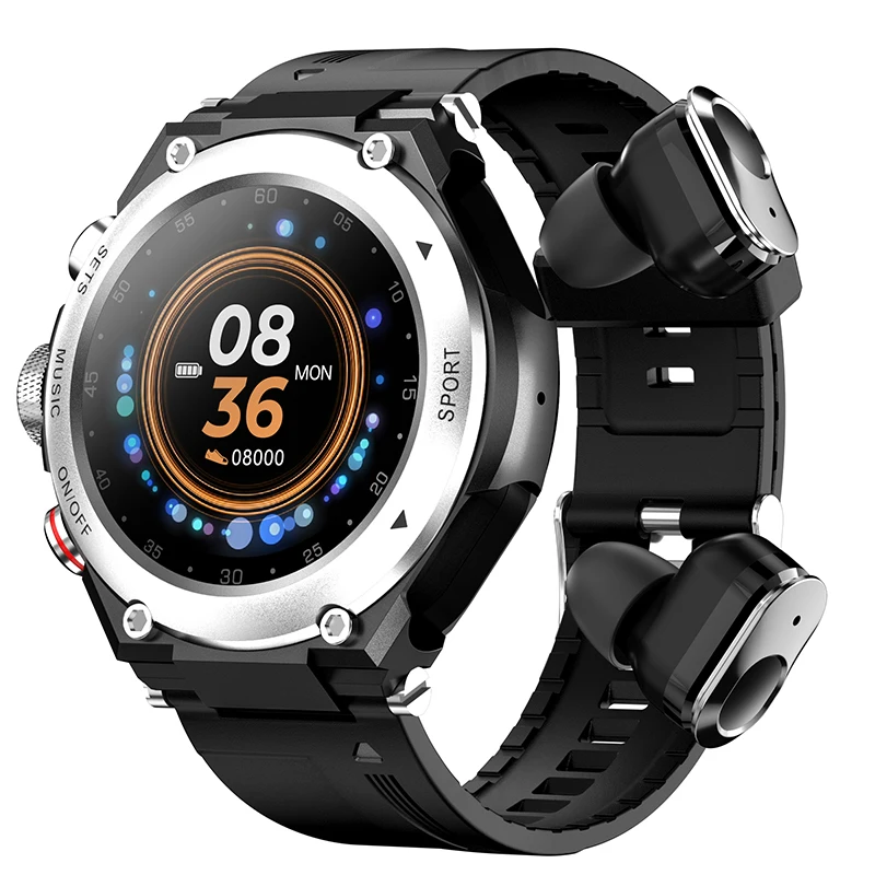 

T92 1.28 Inch Round Touch Screen Wireless Call Smart Watch Waterproof Sport Reloj Band 2 In 1 Smartwatch With Earphone Earbuds