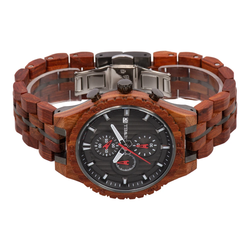 

Chronograph Movement Automatic Watches Men IP Gun Black Stainless Steel Wood Watches Luxury Red Sandalwood Ebony Clock