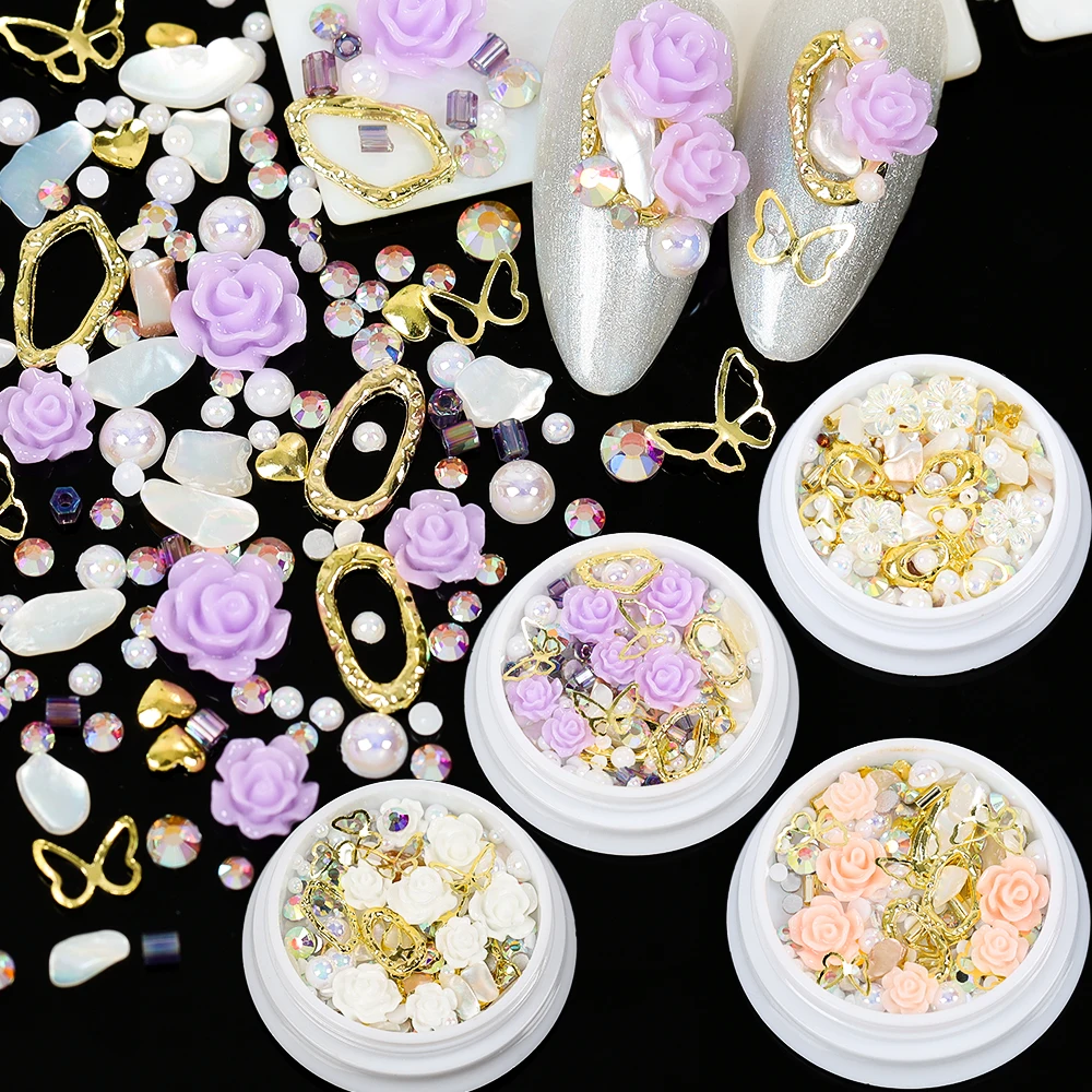 

1 Jar Mix Various Alloy Studs Bar Chain Pearls Stones Jewel Diamonds 3D Flowers Nail Art Rhinestone Decals Ornament Manicures