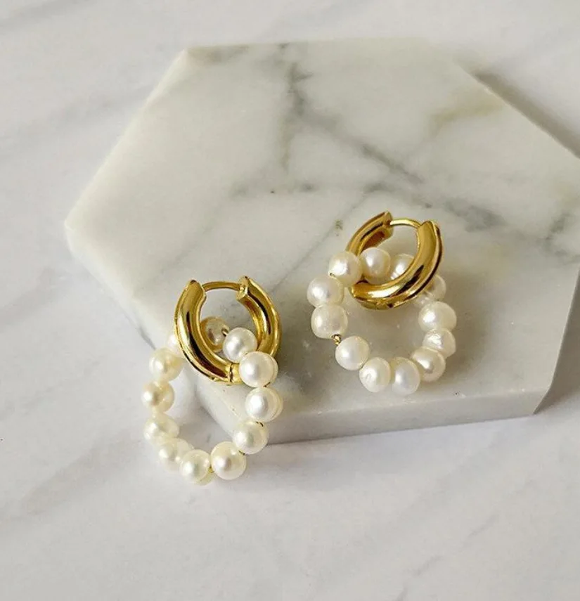 

Boho Double Circle Genuine Freshwater Pearl Hoop Earrings 18k Real Gold Plated Hoops Pearl Earrings for Women