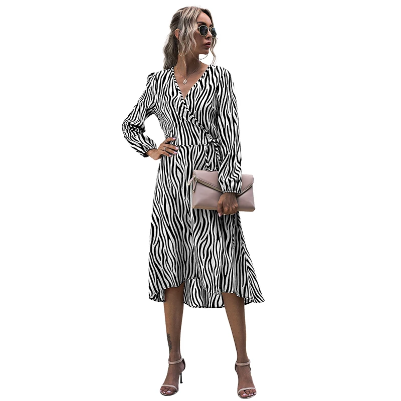 

Spring new style wrapped long sleeve zebra pattern women lace dress casual midi dress, Picture shows