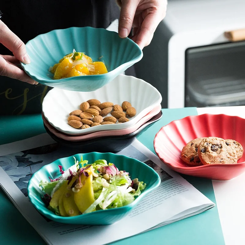 

Ceramic breakfast plate Nordic matte glazed shell shaped tray restaurant dessert plate salad plate, Blue,green,pink,yellow