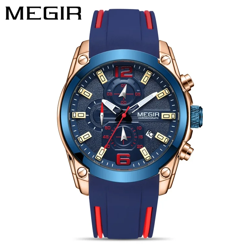 

2019 Fashion Male Clock Sports Style Quartz Chronograph Calendar Military Silicone Strap Waterproof Men Luxury Megir 2063 Watch