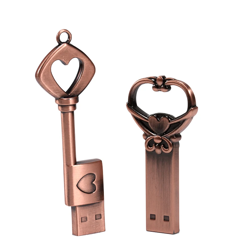 

Metal Heart Key Copper Usb memory 4gb 8gb 16gb 32gb With Logo Engraved usb flash drive Promo Gift u disk