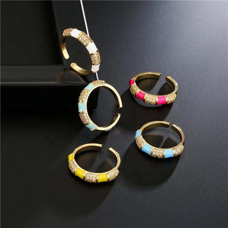 

Fashion Trendy Jewelry Simple Zircon 18K Gold Plated Finger Ring Colorful Dripping Oil Open Adjustable Stackable Enamel Rings
