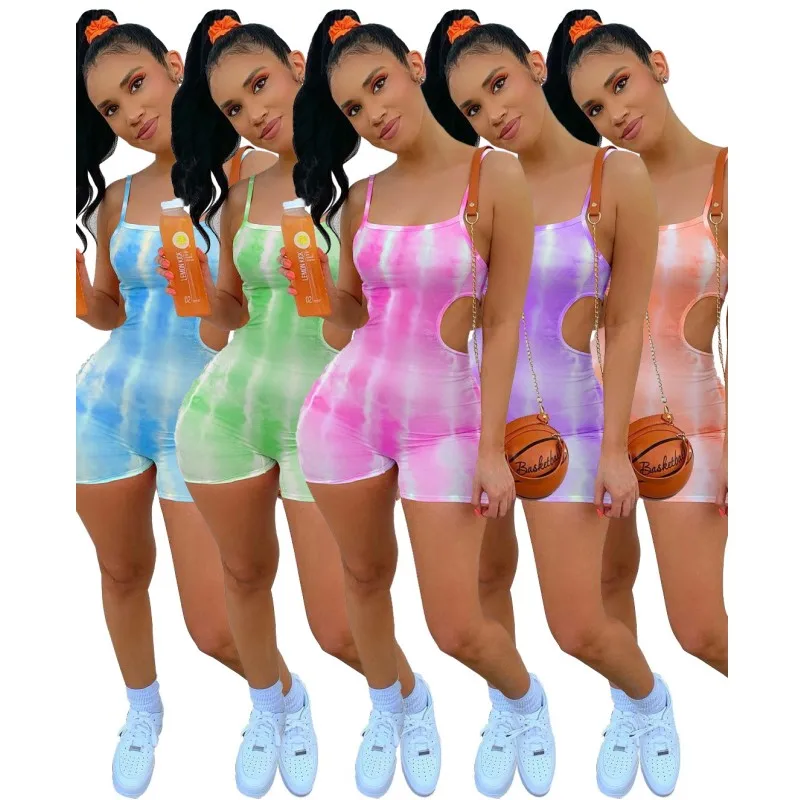 

Sexy Playsuit Bodycon Rompers Women Jumpsuit Hollow Out Tie Dye Print Sleeveless Jumpsuits Shorts Summer Clothing B1471