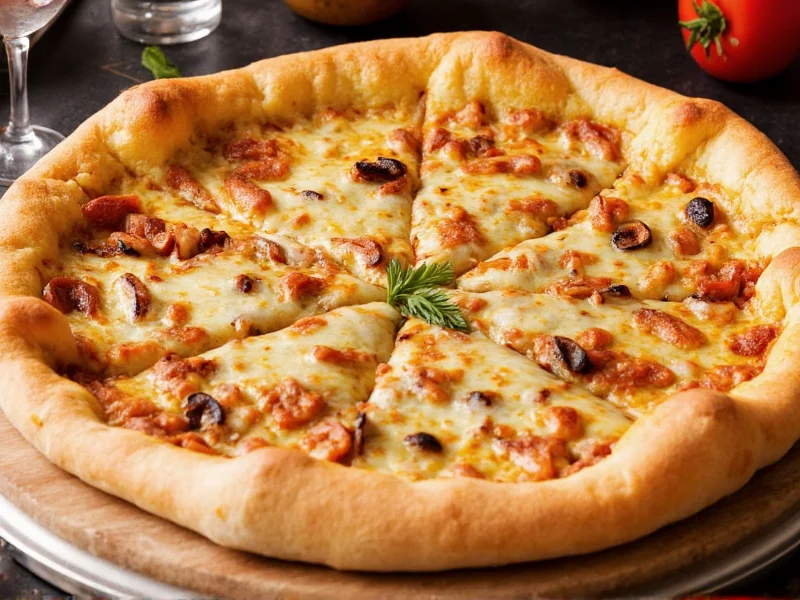 Golden crust handmade pan pizza with melted cheese and toppings