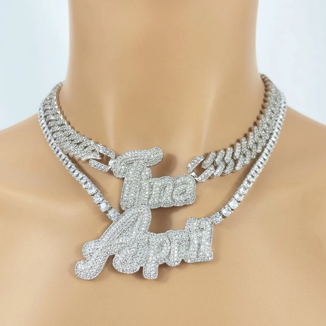 

Hip Hop Charm Custom Name Necklaces AAA 14k Gold Plated Iced Out Letter Pendants Tennis Chains, Silver/ gold