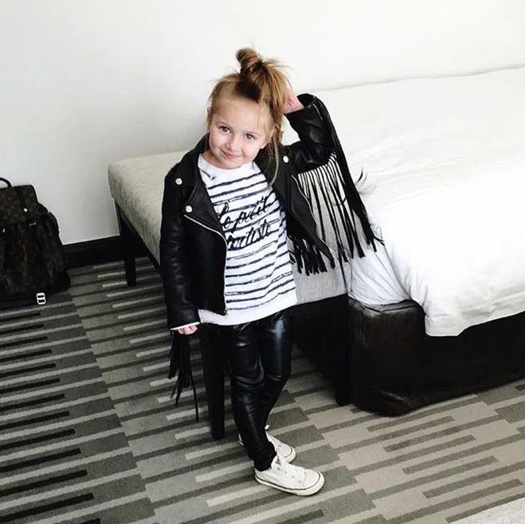 

2020 New Long Sleeve black Tassel Pu Leather Jacket for 2-6T, As photos