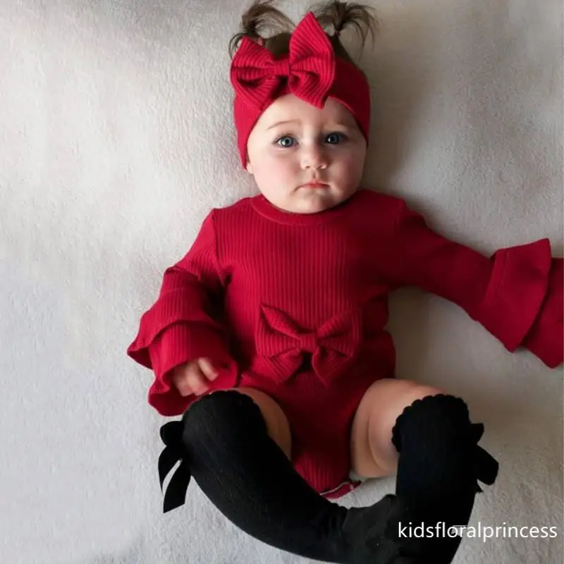 

Newborn Infant Baby Girl Ruffles Winter Solid Ribbed Bow Romper Long Sleeve Petal Girl Cotton Jumpsuit, As picture