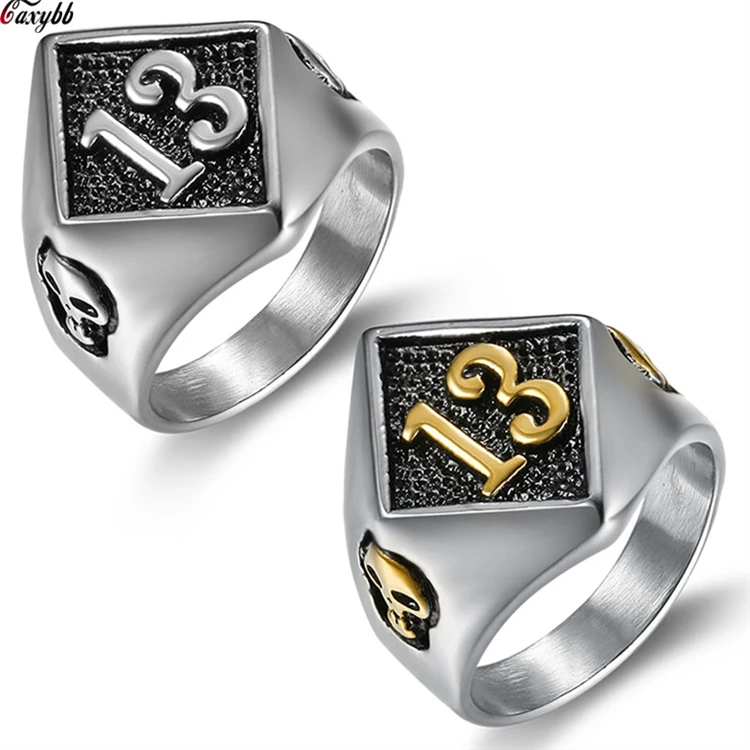 

316L Stainless Steel Ring Fashion Mens Biker Skull Lucky Thirteen 13 Ring