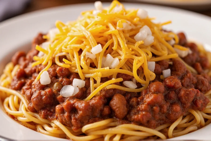 Authentic Cincinnati chili served over spaghetti with shredded cheddar cheese, onions, and kidney beans