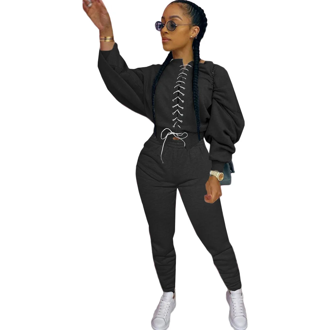 

Autumn 2021 Outfits Womens Plus Size Joggers Lace Up Pants Set Two Piece Jogger Set Ladys Sweat Suits, Picture shows