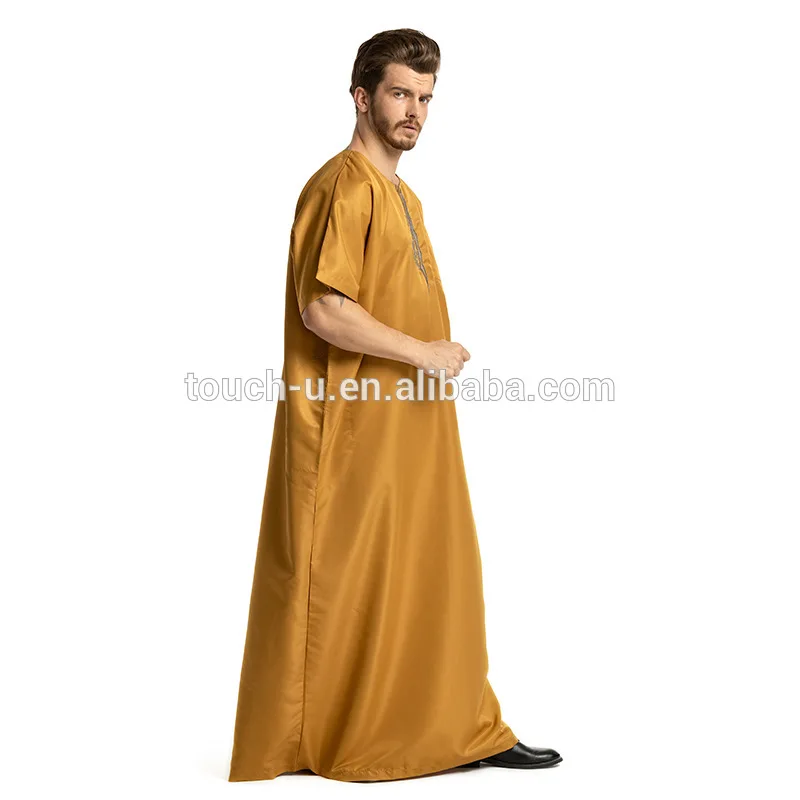 Men  Kaftan Jilbab Arbric Jubba Muslin Short Sleeves Clothes Abaya Thobe