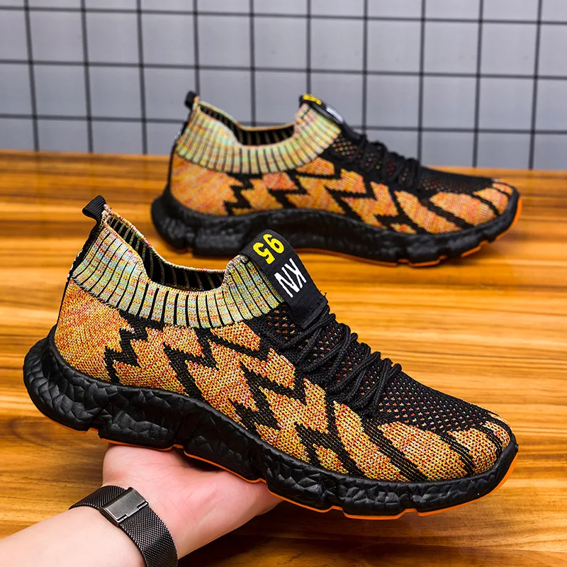 

Spring New Men's Flying Woven Breathable Sneakers Running Fitness Lace-up Shoes Wholesale General Sports Shoes, Blue / orange