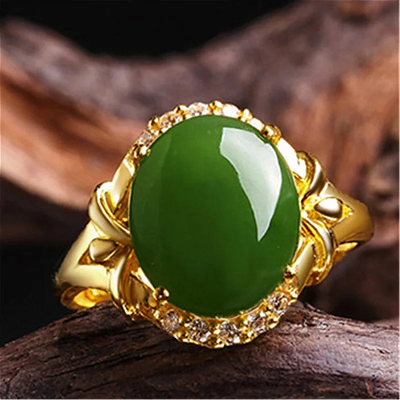 

Ethnic Jewelry 18K Gold plated Micro Pave Zirconia CZ Natural Jade Ring Emerald Green Agate Jade Opening Ring