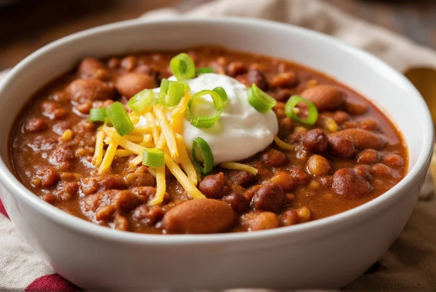 Bowl of steaming gluten-free chili with toppings like cheese, sour cream, and green onions