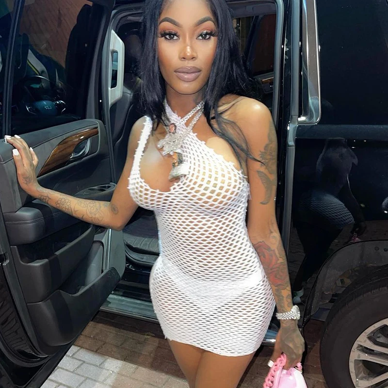 

Sandtree M21DS492 See Through Dress Hole Solid Color Sleeveless Slash Neck Evening Women Casual Dresses Summer