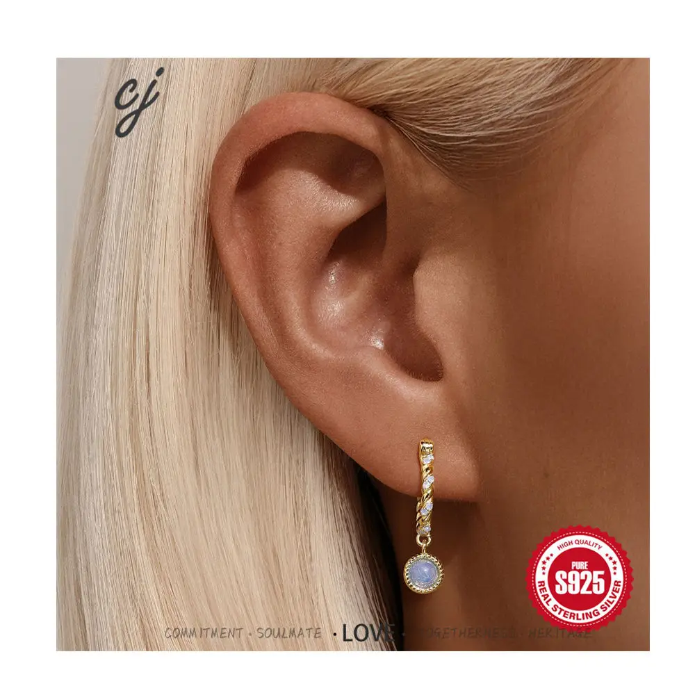 Carline Fashion Hoop Earrings 925 Sterling Silver Blue Opal Pendants Earrings 18k Gold Plated Twist Hoop Drop Earrings for Women