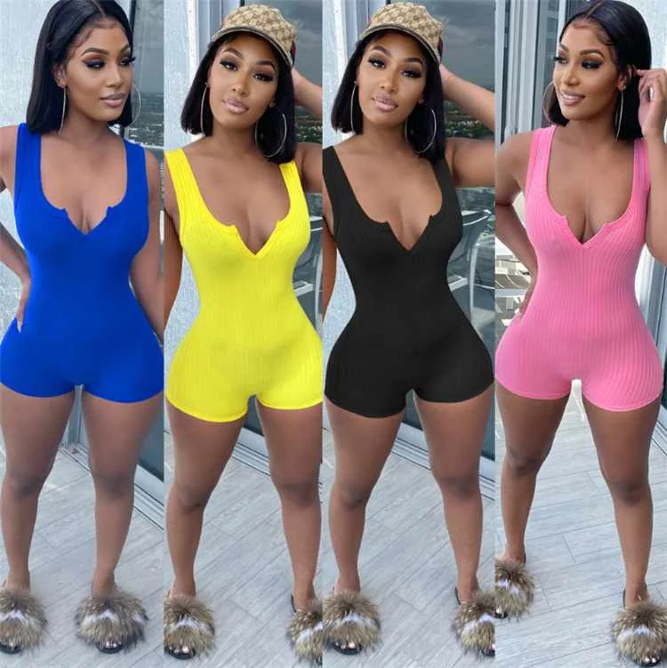 

Sexy V Neck Playsuit One Piece Women Rompers Short Jumpsuit Summer Women Knit Ribbed Slim Shorts Romper