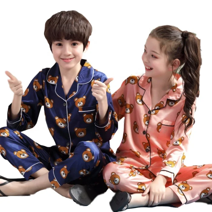 

Unisex Kids Autumn Spring Long Pajamas Suit Cartoon Bear Print Children Silk Satin Pajamas Kids, Picture shows