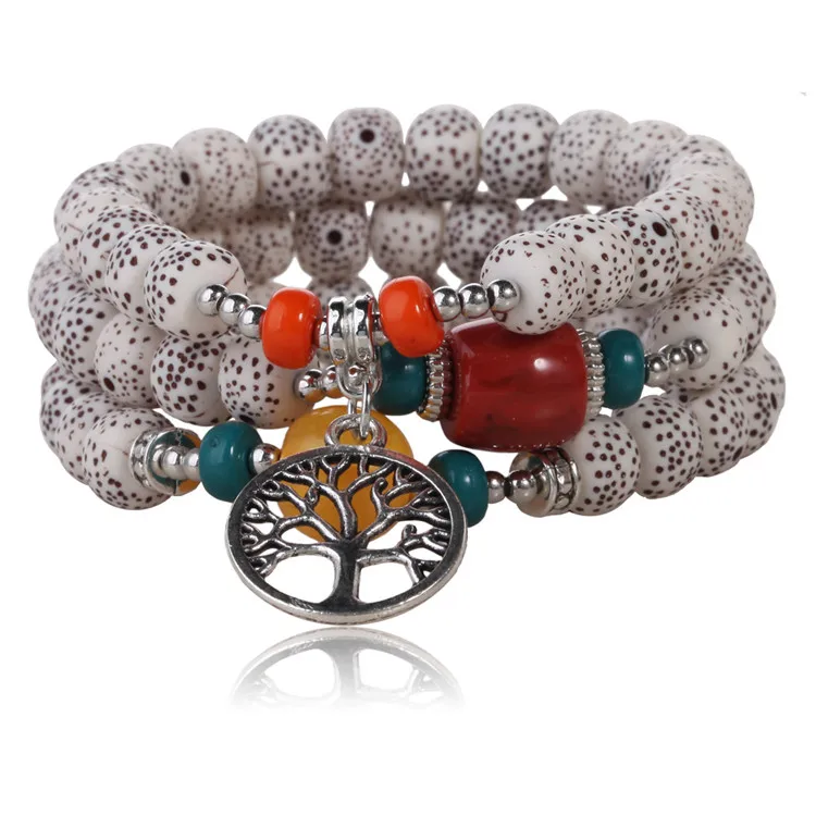 

3pcs Bohemian Boho Multilayer Beaded Bracelet Set Gay Tree Of Life Charm Element Bodhi Beads Onyx Bracelet, As picture