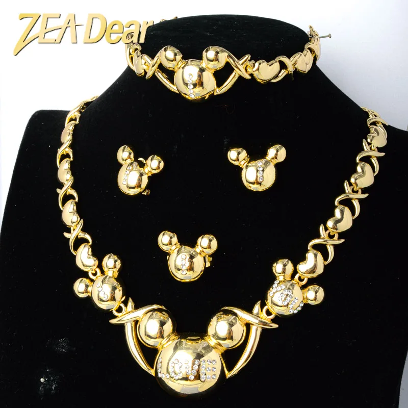 

American Gold Plated Minnie Mickey Jewelry Set CZ Zircon Copper Alloy Kiss and Hug I Love You Jewelry Sets, Gold color