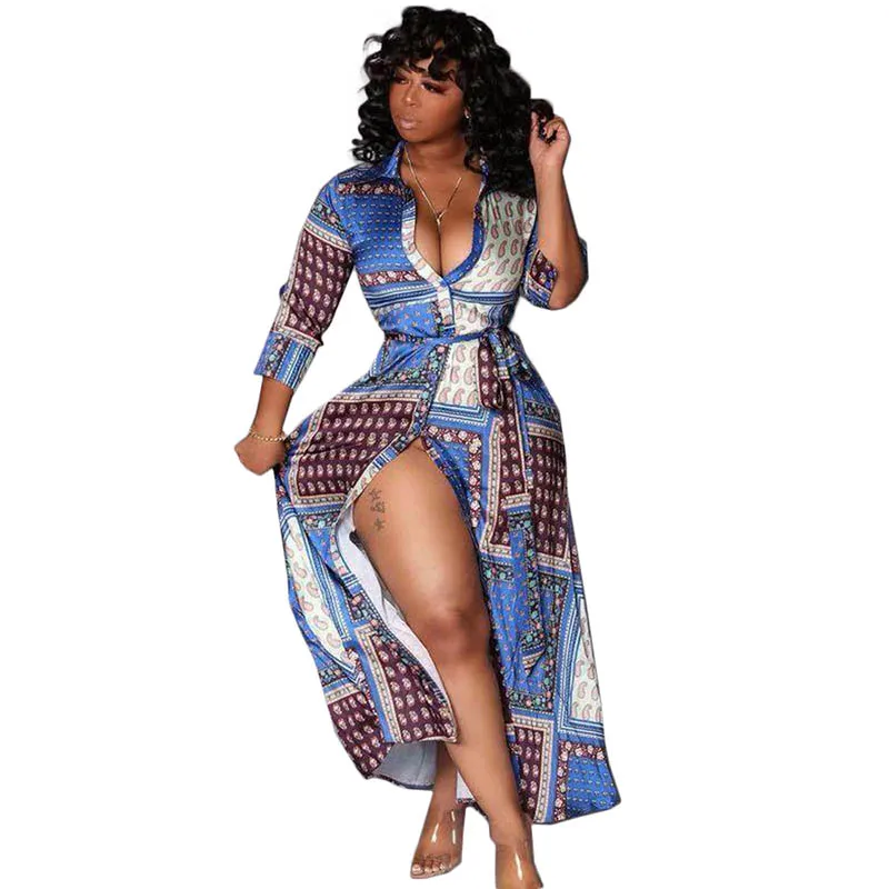 

Wholesales Casual Belted Printed Shirt Split Maxi Dress