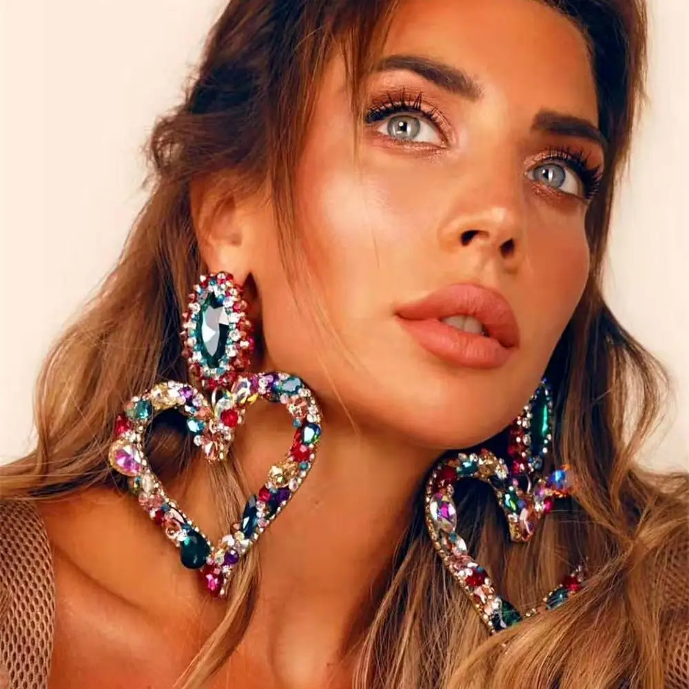 

New Fashion Jewelry Women Girls Rhinestone Exaggelated Large Drop Geometric Earrings Statement Dangle Heart Earrings, Colorful