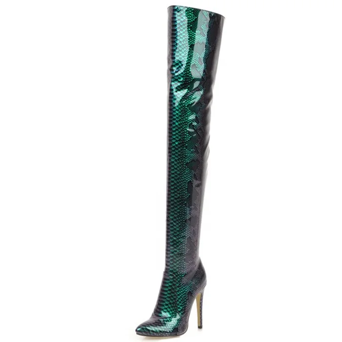 

Stylish 12cm High-Heeled Boots Women OverKnee Thigh High Boots Snakeskin Print Stiletto Shoes Winter Long Night Club Boots, Blue green yellow black