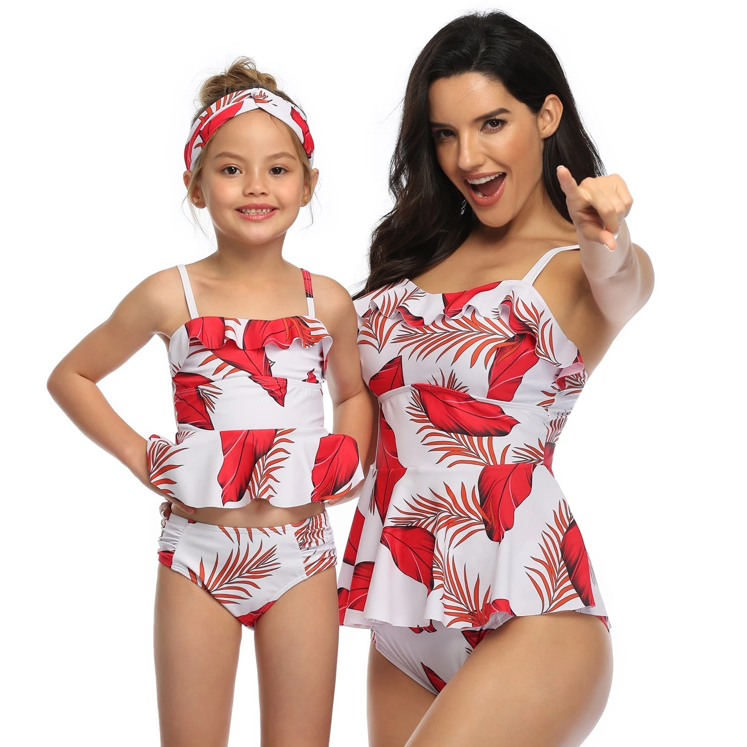 

Lastest Ruffled Pleat Sling Swimsuit Two Pieces Round Neck High Waist Print Bathing Suits Mummy and Me Swimwear Girls