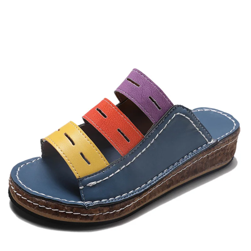 

2020 Summer New Color Matching Ladies Sandals Wedge Heel Large Size Casual Wild Female Sandals And Slippers, As shown